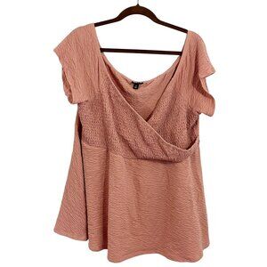 Torrid Peach Orange Pink Smocked Surplice Short Sleeve V-Neck Top - Size 3X